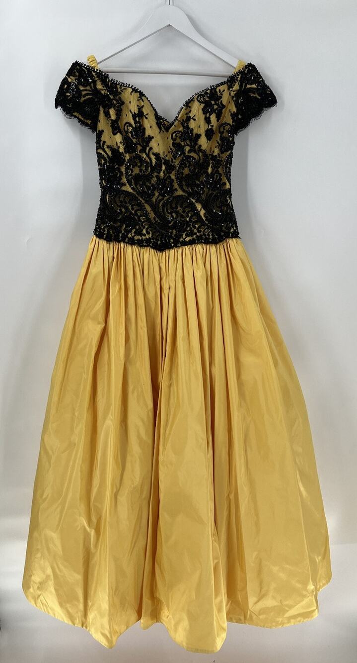 Chris Kole Vintage 80s Dress Women 6 Yellow Black Silk Gown Cocktail Sequin Lace